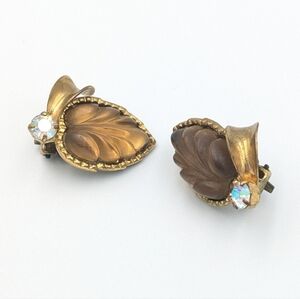 Antique clip on earrings brown leaf and AB aurora borealis rhinestones